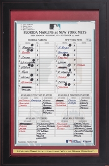 2008 New York Mets Line Up Card From Last Win at Shea Stadium On 9/27/2008 In 14x22 Framed Display (MLB Authenticated)